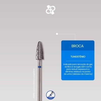 Broca de tungsténio com ponta espiral e indicação de uso médio sobre fundo cinzento