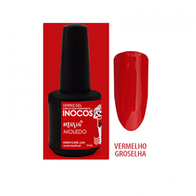Verniz gel Inocos vermelho groselha com frasco preto e rótulo vermelho