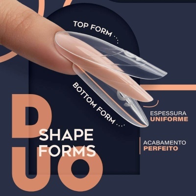 Unha com formas transparentes sobrepostas e texto em português