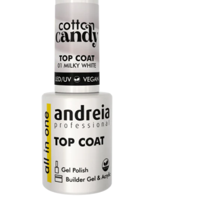 Frasco de verniz gel branco Andreia Professional Top Coat com tampa rotulada Cotton Candy