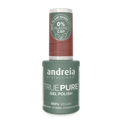 Frasco de verniz gel unhas andreia TRUE PURE verde com tampa castanha e selo vegan