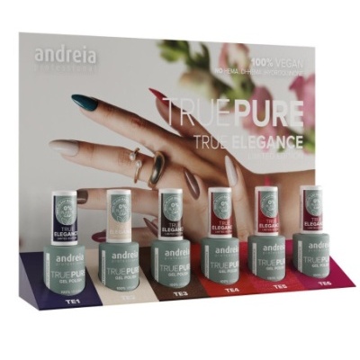 Expositor com seis esmaltes gel True Pure da Andreia Professional em vários tons nude