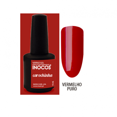 Frasco de verniz gel preto e unha com verniz vermelho puro