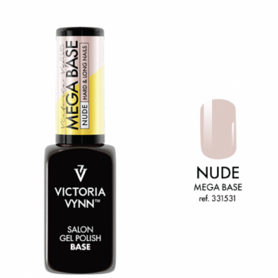 Frasco de verniz gel nude Victoria Vynn Mega Base com amostra da cor ao lado