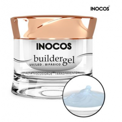 Frasco de gel para unhas INOCOS com tampa dourada e gel transparente