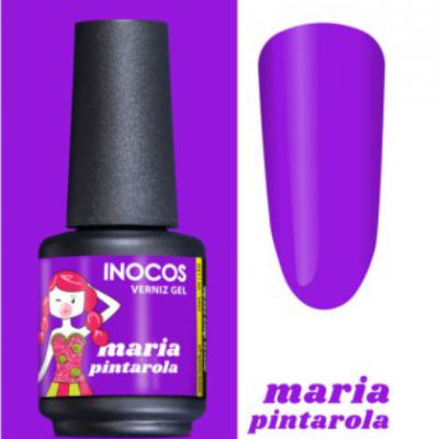 Frasco de verniz gel roxo com rótulo e amostra da cor