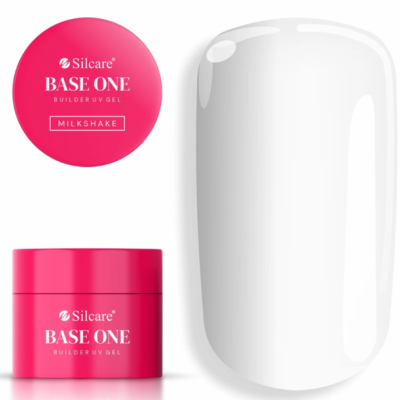 Frasco rosa de gel UV Silcare BASE ONE MILKSHAKE com unha longa branca