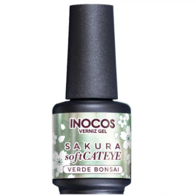 Frasco de verniz gel INOCOS SAKURA soft CATEYE verde bonsai com tampa preta