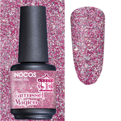 Verniz gel rosa glitter INOCOS Carrossel Mágico com amostra da cor e fundo glitter rosa.