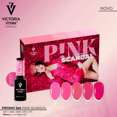 Conjunto de vernizes gel PINK SCANDAL da Victoria Vynn com caixa e cinco amostras de cor rosa.