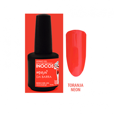 Verniz gel Inocos Magic da Barra cor Toranja Neon num frasco preto com amostra vermelha neon.