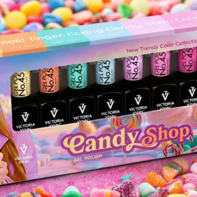 Conjunto de vernizes em gel Victoria Vynn Candy Shop em caixa colorida com design de doces