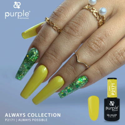 Unhas compridas com verniz amarelo e glitter verde da Purple Professional.