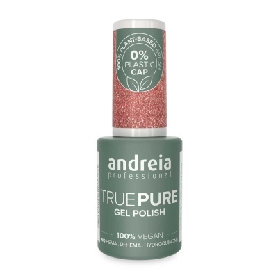 Frasco de verniz gel para unhas Andreia True Pure cor rosa brilho com tampa verde e texto 0% Plastic Cap e 100% Vegan