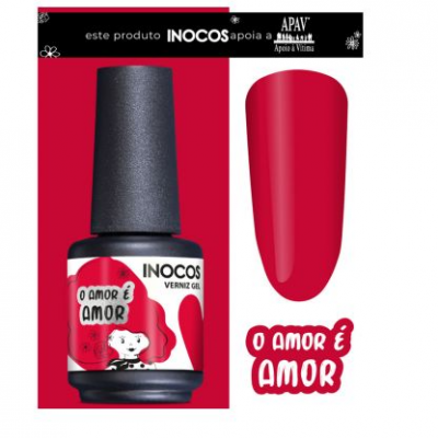 Verniz gel vermelho INOCOS em embalagem com texto e ilustração