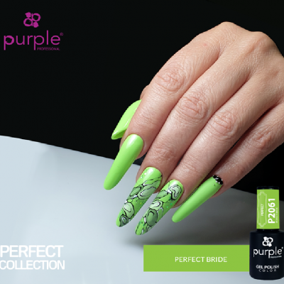 Mão com unhas longas verdes fluorescentes decoradas com padrão de flores e verniz gel Purple Professional