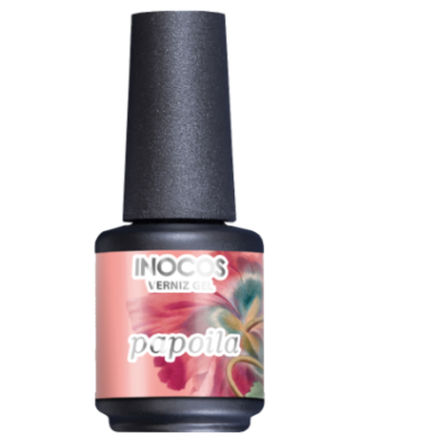 Frasco de verniz gel INOCOS com rótulo rosa e design floral