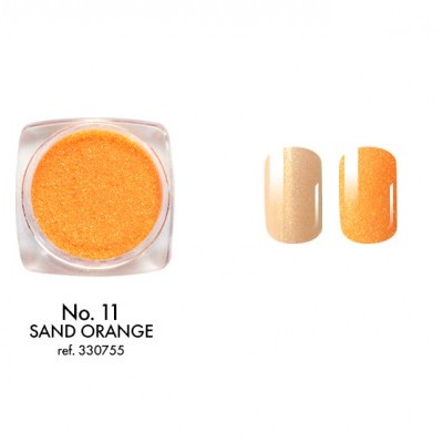 Pó para unhas laranja SAND ORANGE em recipiente e duas amostras de cor.