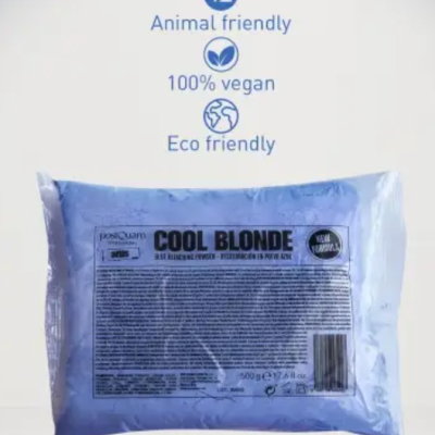 Embalagem azul de produto em pó Cool Blonde com texto preto