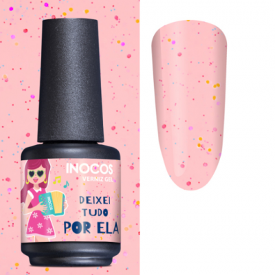 Frasco de verniz gel rosa INOCOS e amostra da cor