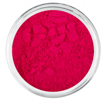 Pó solto vermelho vibrante em embalagem redonda transparente