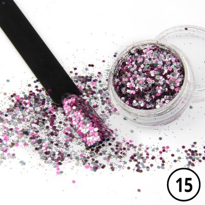 frasco de glitter rosa e prateado com espátula preta