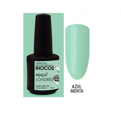 Verniz gel INOCOS azul menta com frasco preto e rótulo verde