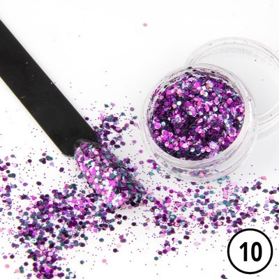 Frasco transparente de purpurina multicolorida com paleta preta e número 10 em círculo
