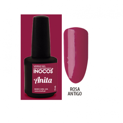 Frasco de verniz gel INOCOS Anita preto com amostra de cor rosa antigo