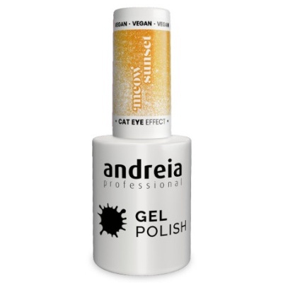 Frasco de verniz gel Andreia Professional com tampa amarela texturizada e texto VEGAN e CAT EYE EFFECT