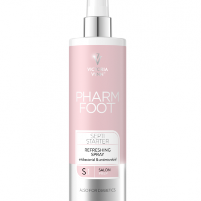 Frasco de spray rosa e branco com texto de produto para cuidados dos pés.