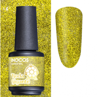 Frasco de verniz gel glitter amarelo da INOCOS com amostra da cor