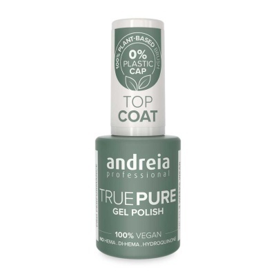 Frasco de verniz gel para unhas Andreia TRUE PURE vegan com tampa branca e texto sobre plástico e ingredientes