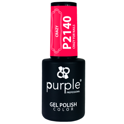 Frasco de verniz gel para unhas Purple Professional preto com tampa rosa e texto Craze P2140.