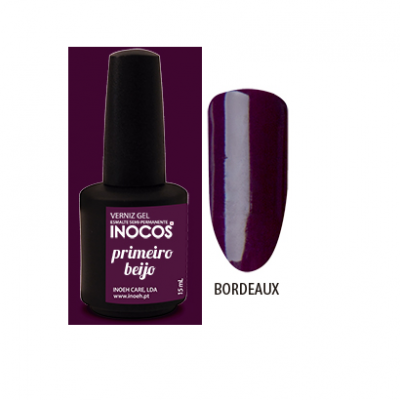 Frasco de verniz gel INOCOS cor Bordeaux com amostra da cor