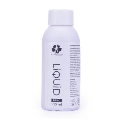 Frasco branco de plástico com tampa de rosca e etiqueta com texto LIQUID BASIC 100 ml