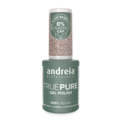 Frasco de verniz gel verde da Andreia Professional True Pure com tampa em padrão de cortiça