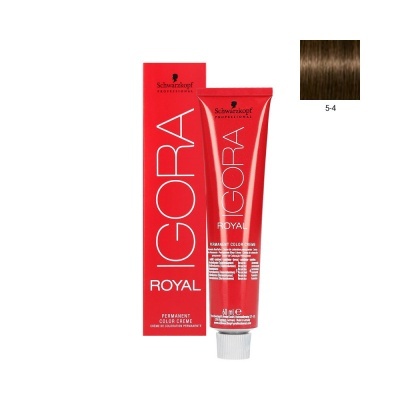 Tubo e caixa vermelha de coloração capilar Schwarzkopf IGORA ROYAL com amostra de cor castanho médio acobreado 5-4