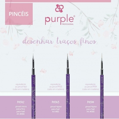 Três pincéis roxos para Nail Art da purple professional com texto e códigos visíveis.