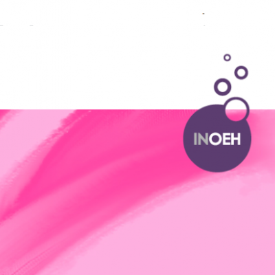 Fundo branco e rosa com logótipo INOEH em círculo roxo