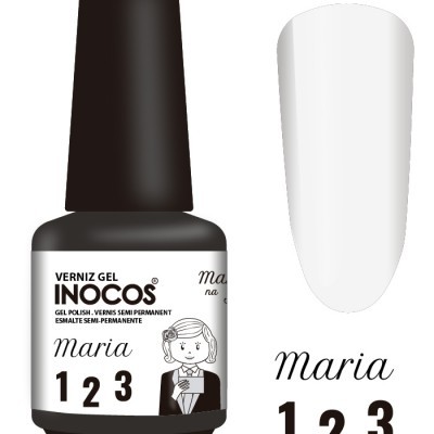 Frasco de verniz gel branco INOCOS com tampa preta e texto Maria 123.