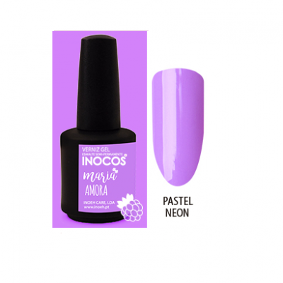 Verniz gel preto com etiqueta lilás e amostra de cor lilás pastel neon