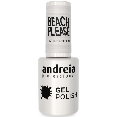 Frasco de verniz gel branco com tampa cinzenta e texto 'BEACH PLEASE LIMITED EDITION'