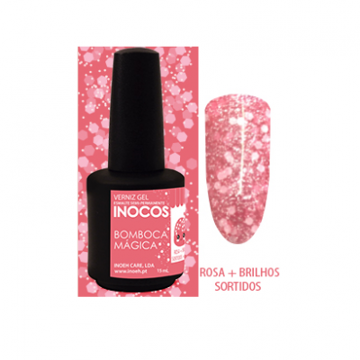 Verniz gel rosa com brilhos sortidos e frasco preto Inocos Bomboça Mágica
