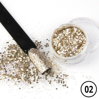 Frasco de glitter dourado em pó com amostra numa paleta preta e número 02 em fundo branco
