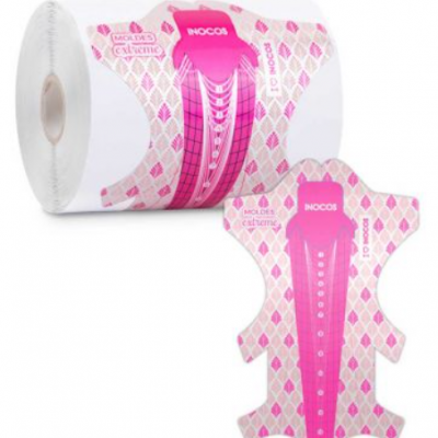 Molde para unhas rosa com padrões e texto INOCOS embalada em rolo branco