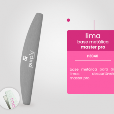 Lima metálica cinza com texto e descrição rosa sobre fundo branco