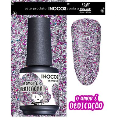 Verniz gel INOCOS brilhante com texto O AMOR É DEDICAÇÃO e amostra da cor