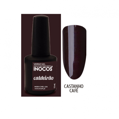 Esmalte gel preto INOCOS Caldeirão com amostra da cor castanho café
