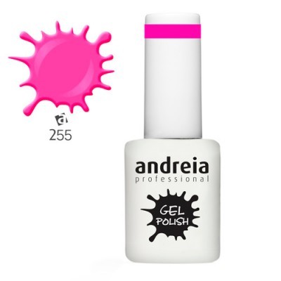 Frasco de verniz gel para unhas Andreia Professional branco com tampa rosa e rótulo preto.